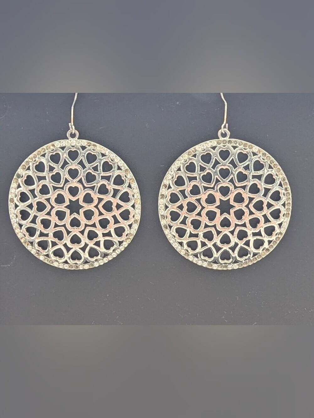 Round Silver-Tone Cut-Out Hearts Filigree Dangle Pierced Earrings